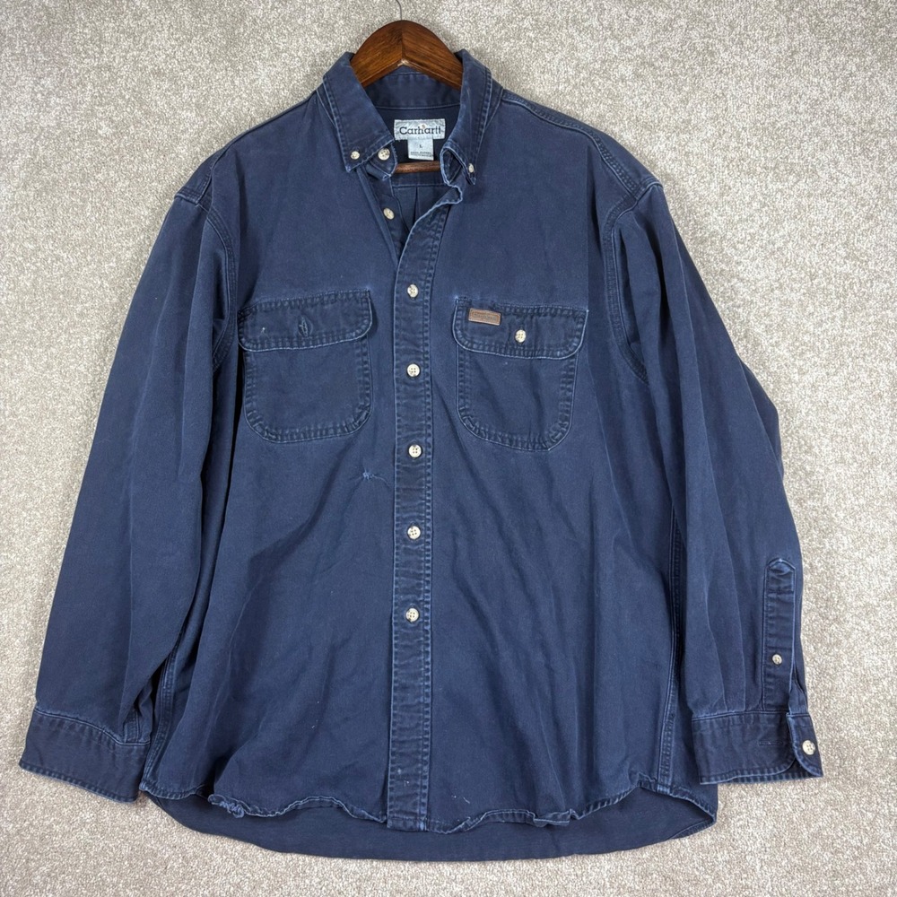 Carhartt Mens Navy Blue Long Sleeve Cotton Twill Button Down Work Shirt Large